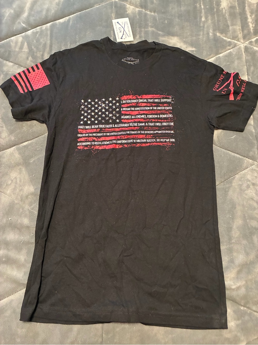 Grunt Style Black Tee with Red Accent Flag Graphic